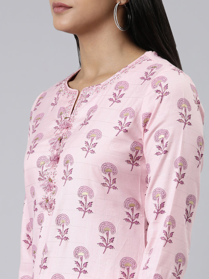 Neerus Pink Regular Calf Length Printed Kurta Solid Trousers With Dupatta