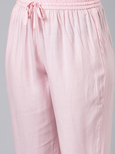 Neerus Pink Regular Calf Length Printed Kurta Solid Trousers With Dupatta