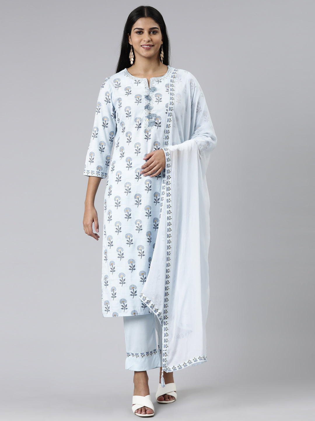 Neerus Blue Regular Calf Length Printed Kurta Solid Trousers With Dupatta