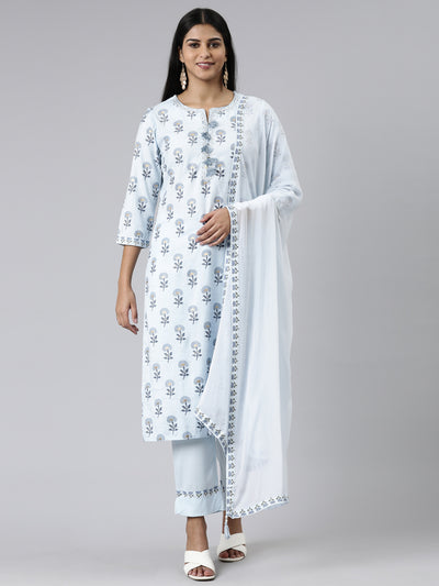Neerus Blue Regular Calf Length Printed Kurta Solid Trousers With Dupatta