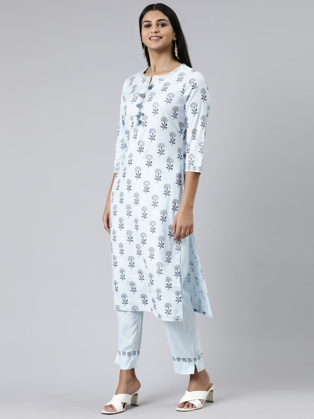 Neerus Blue Regular Calf Length Printed Kurta Solid Trousers With Dupatta