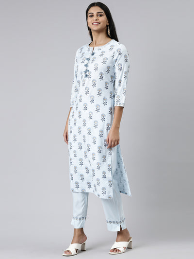 Neerus Blue Regular Calf Length Printed Kurta Solid Trousers With Dupatta