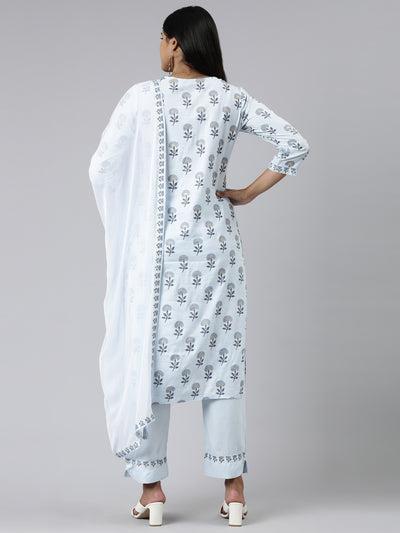 Neerus Blue Regular Calf Length Printed Kurta Solid Trousers With Dupatta
