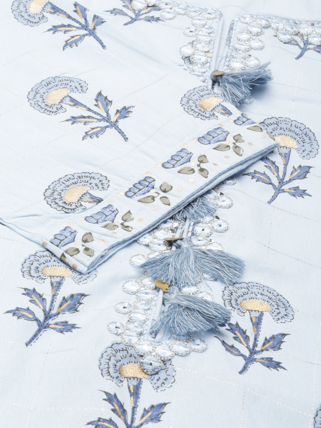 Neerus Blue Regular Calf Length Printed Kurta Solid Trousers With Dupatta