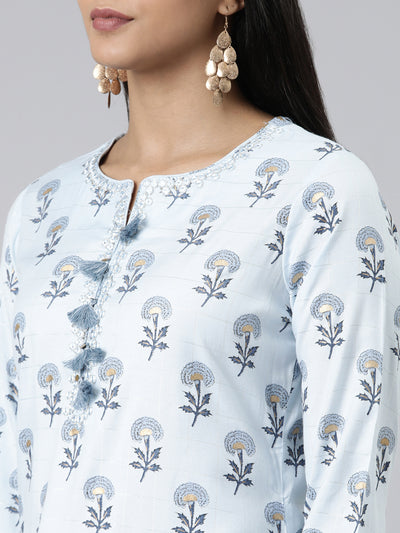 Neerus Blue Regular Calf Length Printed Kurta Solid Trousers With Dupatta