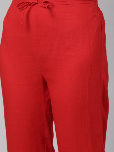Neeru's Red Regular Calf Length Printed Kurta Solid Trousers With Dupatta