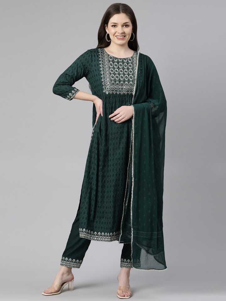 Neerus Green Regular Calf Length Printed Kurta Embroidered Trousers With Dupatta