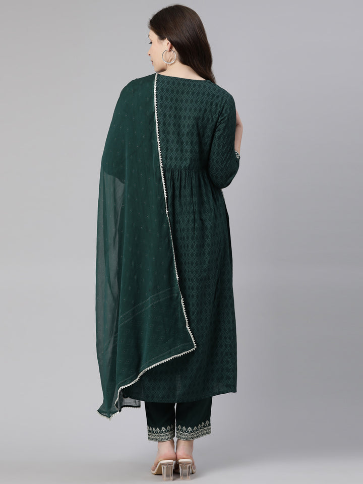 Neerus Green Regular Calf Length Printed Kurta Embroidered Trousers With Dupatta