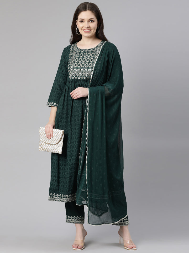 Neerus Green Regular Calf Length Printed Kurta Embroidered Trousers With Dupatta