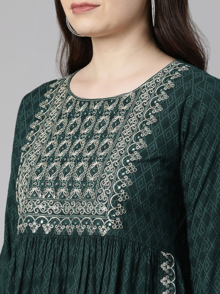 Neerus Green Regular Calf Length Printed Kurta Embroidered Trousers With Dupatta