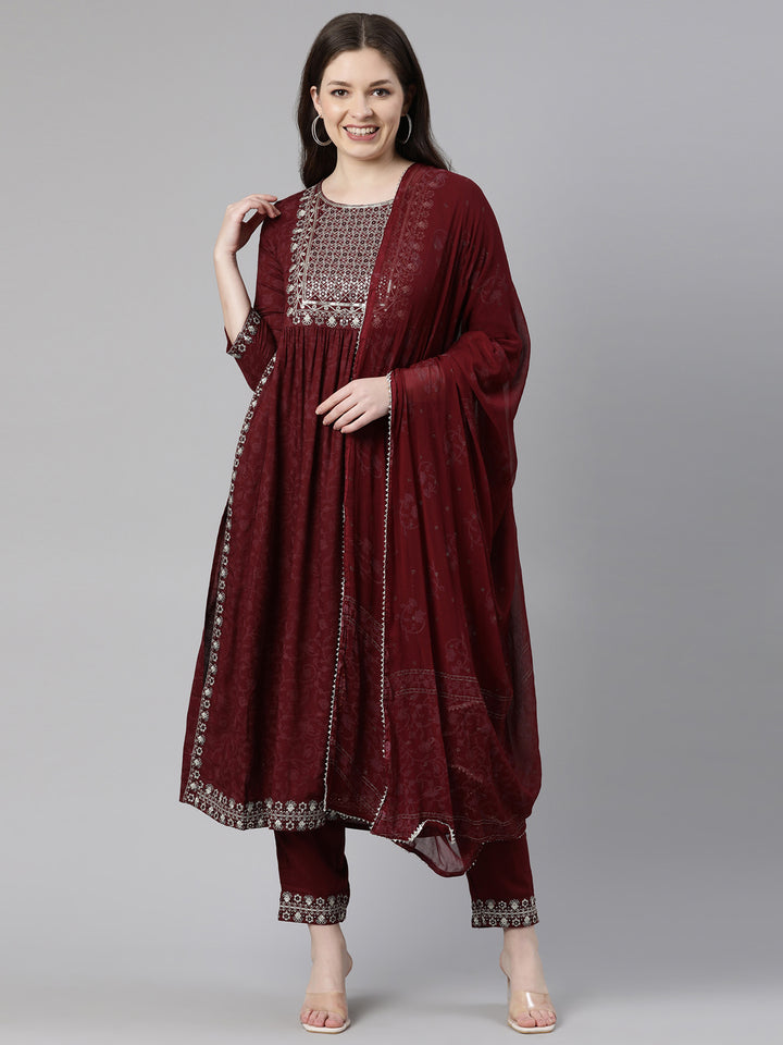 Neerus Maroon printed embroidered kurta set with trouser and dupatta - front view