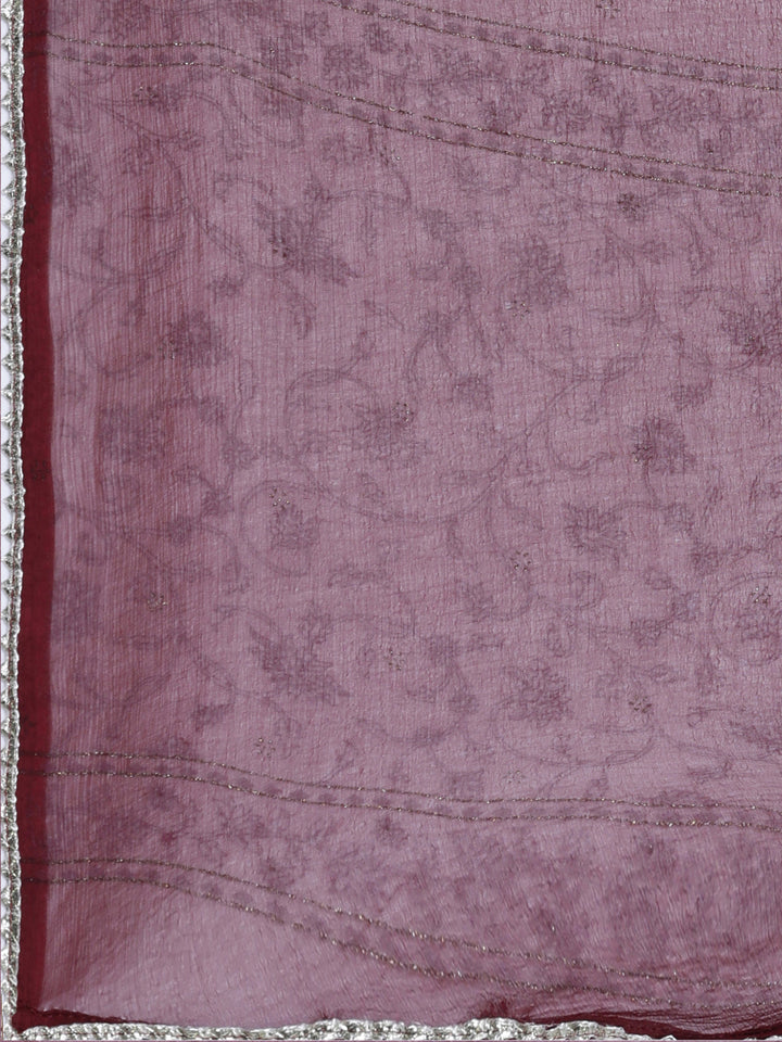 Neerus Maroon printed embroidered kurta set with trouser and dupatta - detail view 5