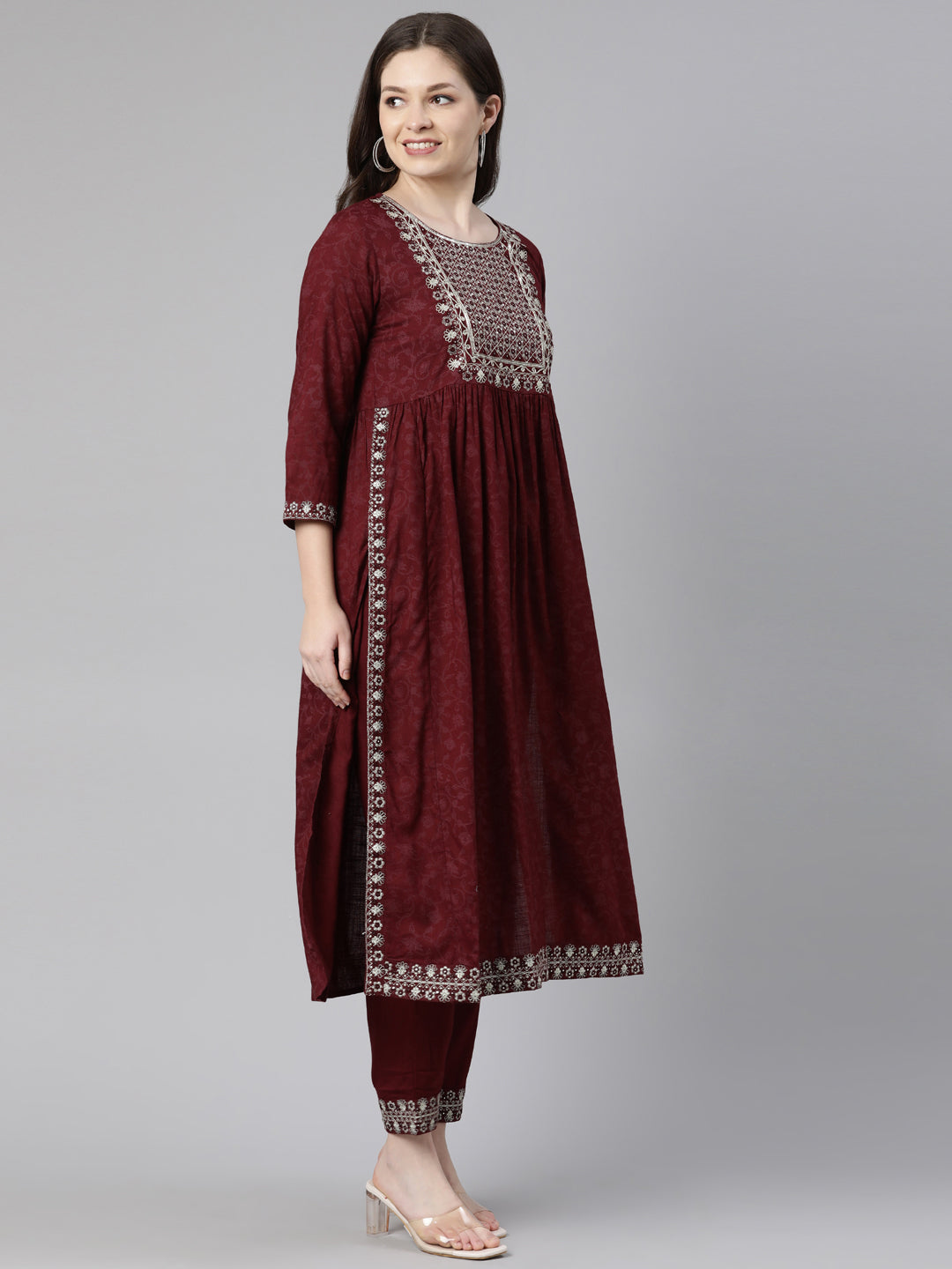 Neerus Maroon printed embroidered kurta set with trouser and dupatta - back view