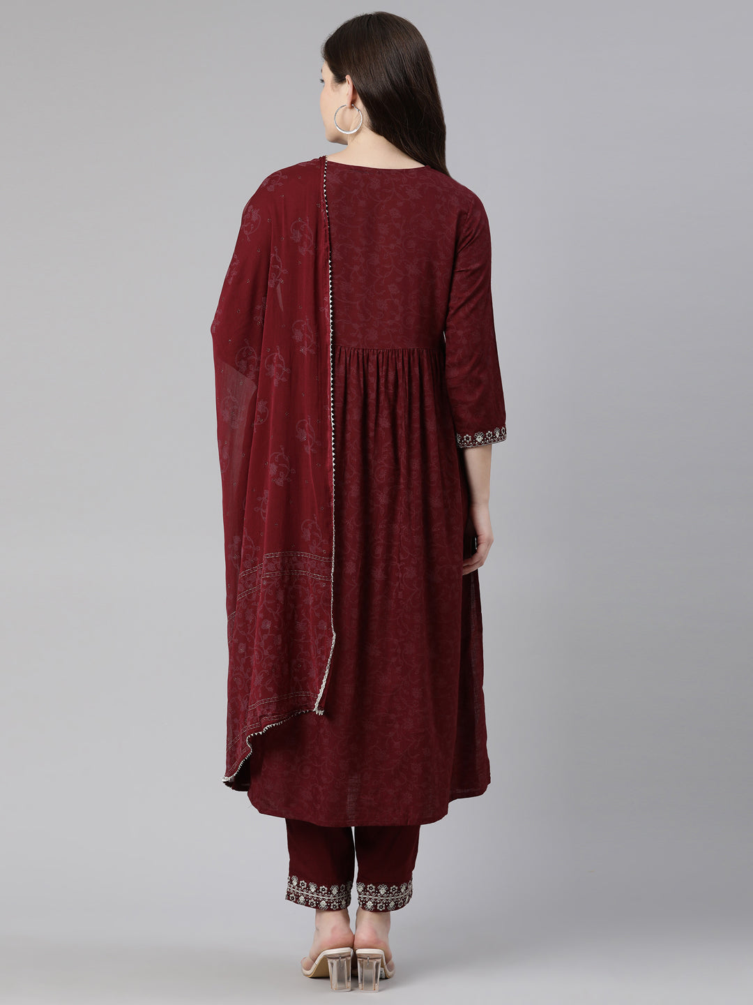 Neerus Maroon printed embroidered kurta set with trouser and dupatta - side view