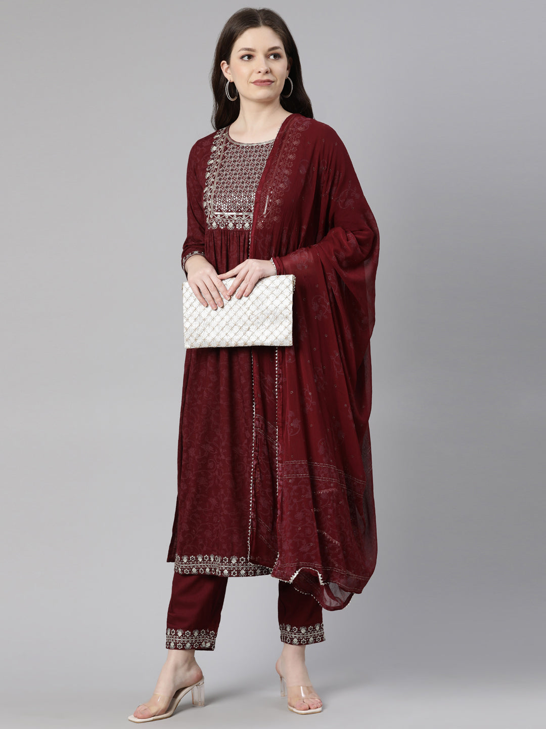 Neerus Maroon printed embroidered kurta set with trouser and dupatta - detail view 2
