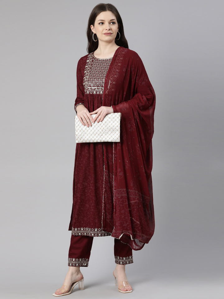 Neerus Maroon printed embroidered kurta set with trouser and dupatta - detail view 2