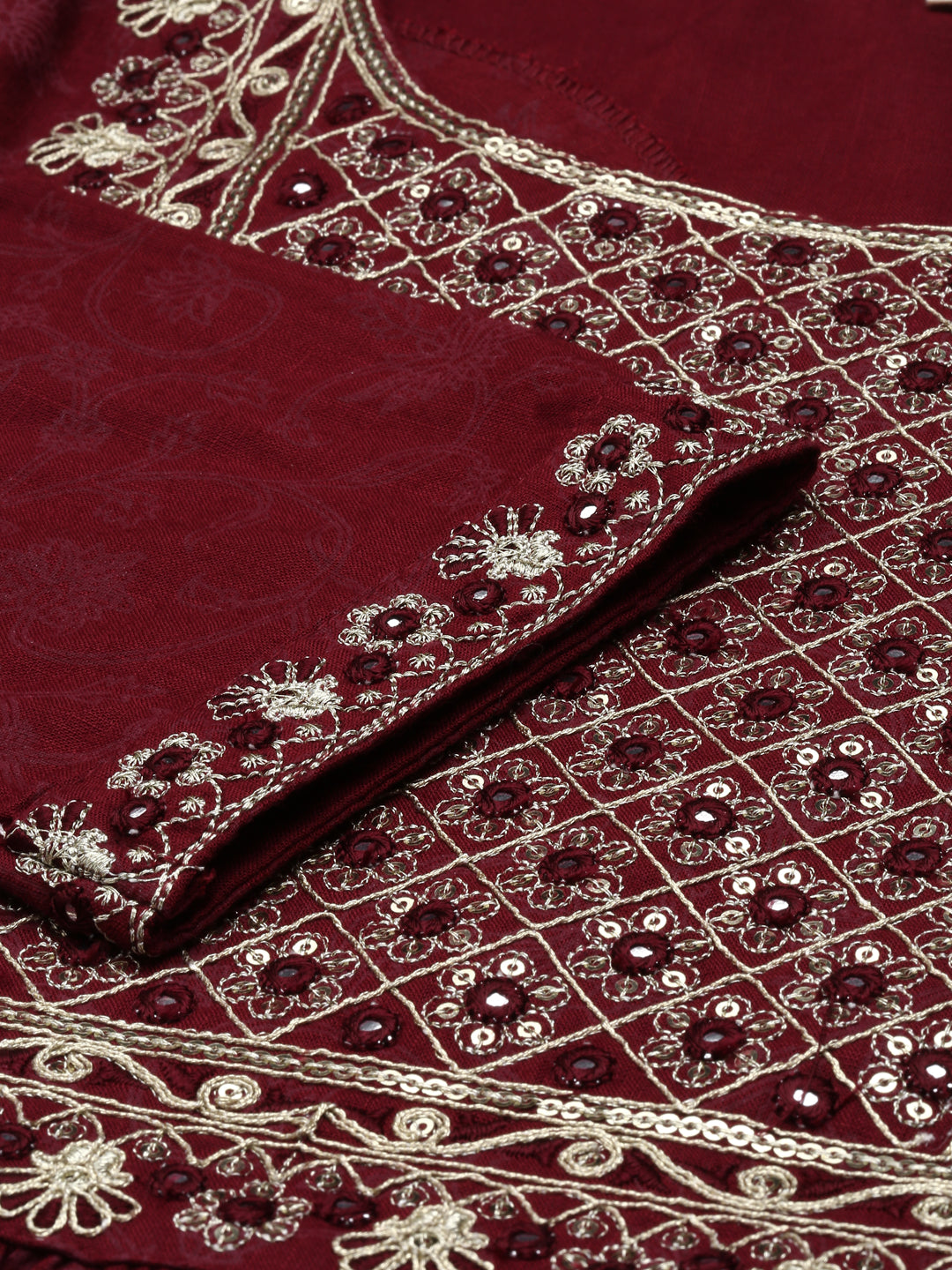 Neerus Maroon printed embroidered kurta set with trouser and dupatta - detail view 3