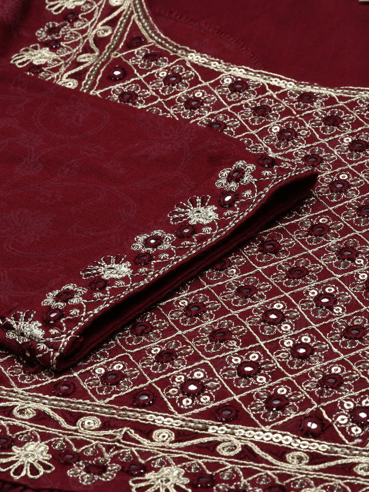 Neerus Maroon printed embroidered kurta set with trouser and dupatta - detail view 3