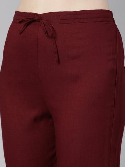 Neerus Maroon Regular Calf Length Printed Kurta Embroidered Trousers With Dupatta