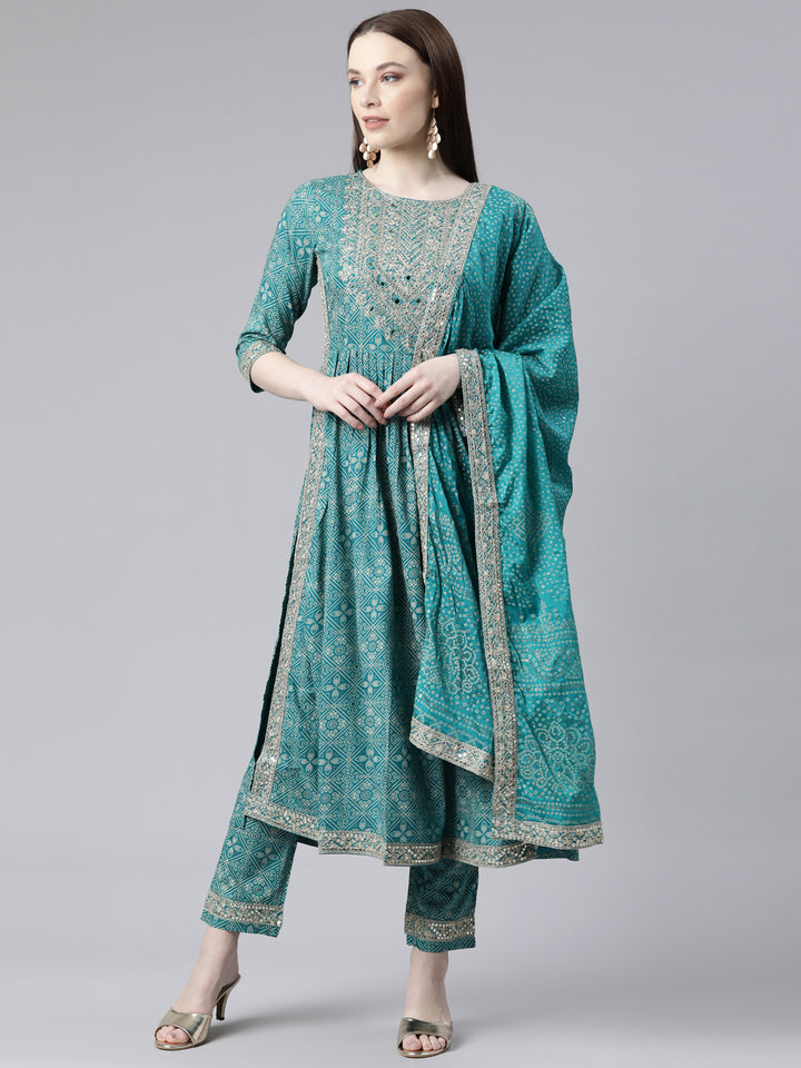 Neerus Green Regular Knee Length Printed Kurta Embroidered Trousers With Dupatta