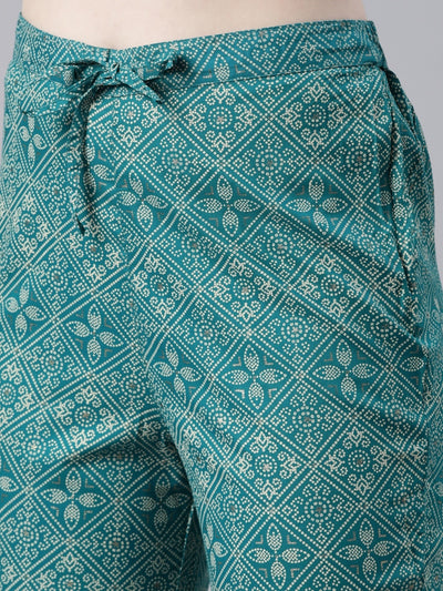 Neeru's Green Regular Knee Length Printed Kurta Embroidered Trousers With Dupatta