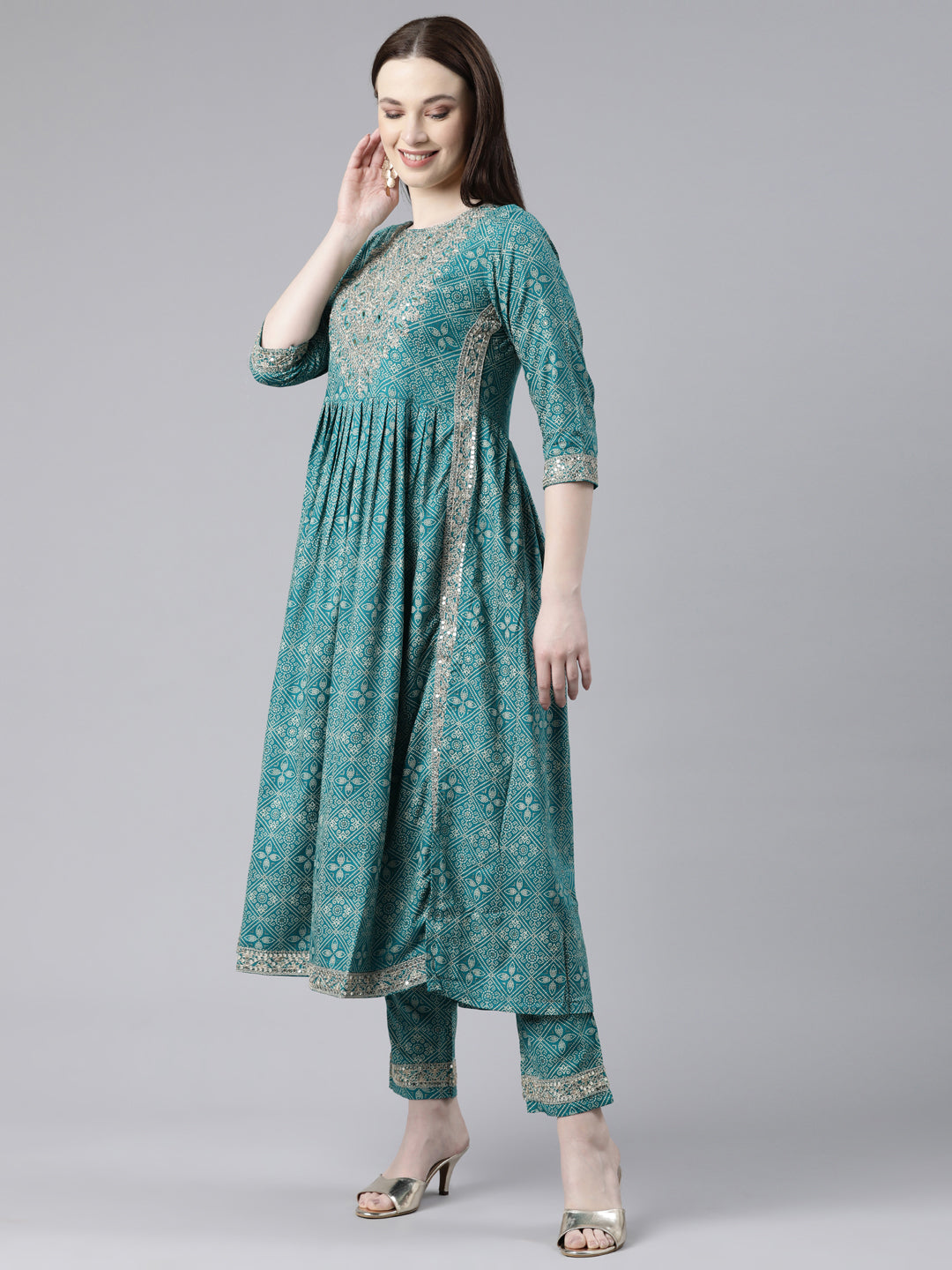 Neerus Green Regular Knee Length Printed Kurta Embroidered Trousers With Dupatta