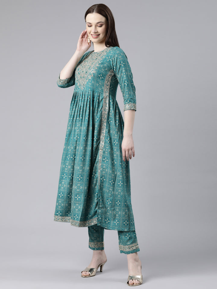 Neerus Green Regular Knee Length Printed Kurta Embroidered Trousers With Dupatta