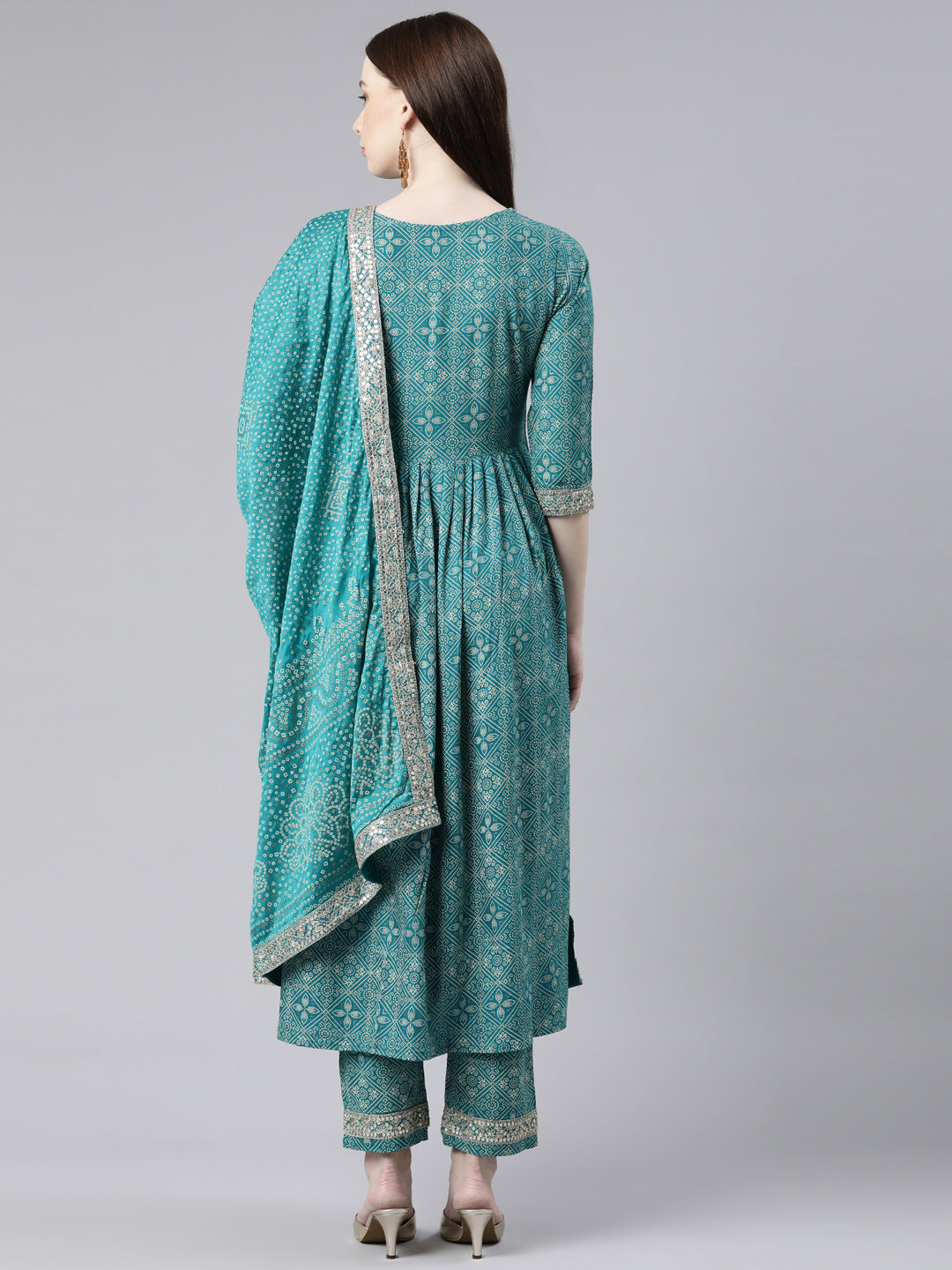 Neerus Green Regular Knee Length Printed Kurta Embroidered Trousers With Dupatta