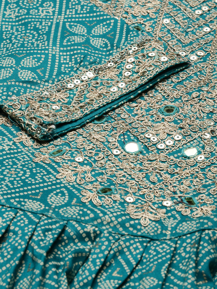 Neerus Green Regular Knee Length Printed Kurta Embroidered Trousers With Dupatta