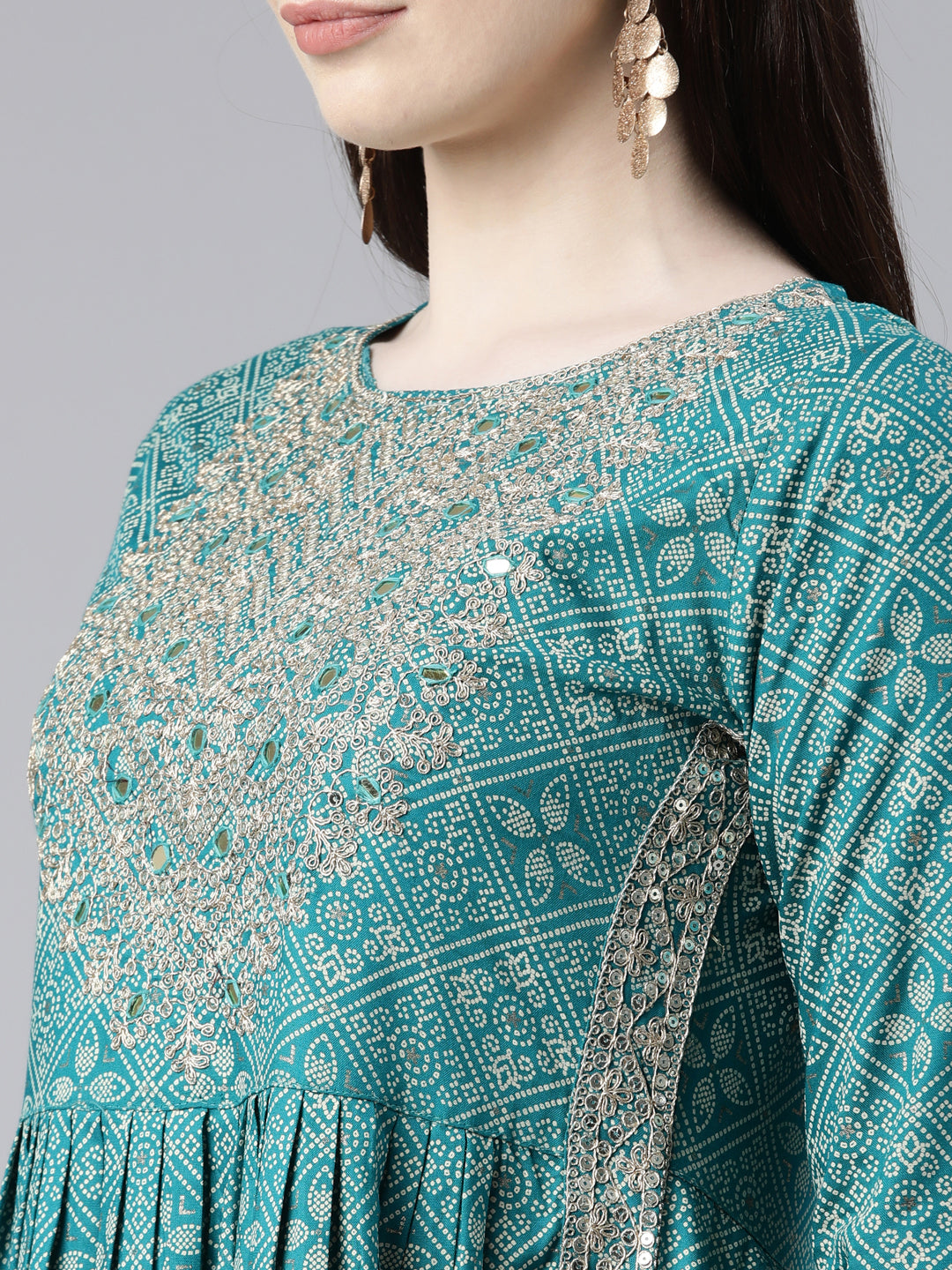 Neerus Green Regular Knee Length Printed Kurta Embroidered Trousers With Dupatta