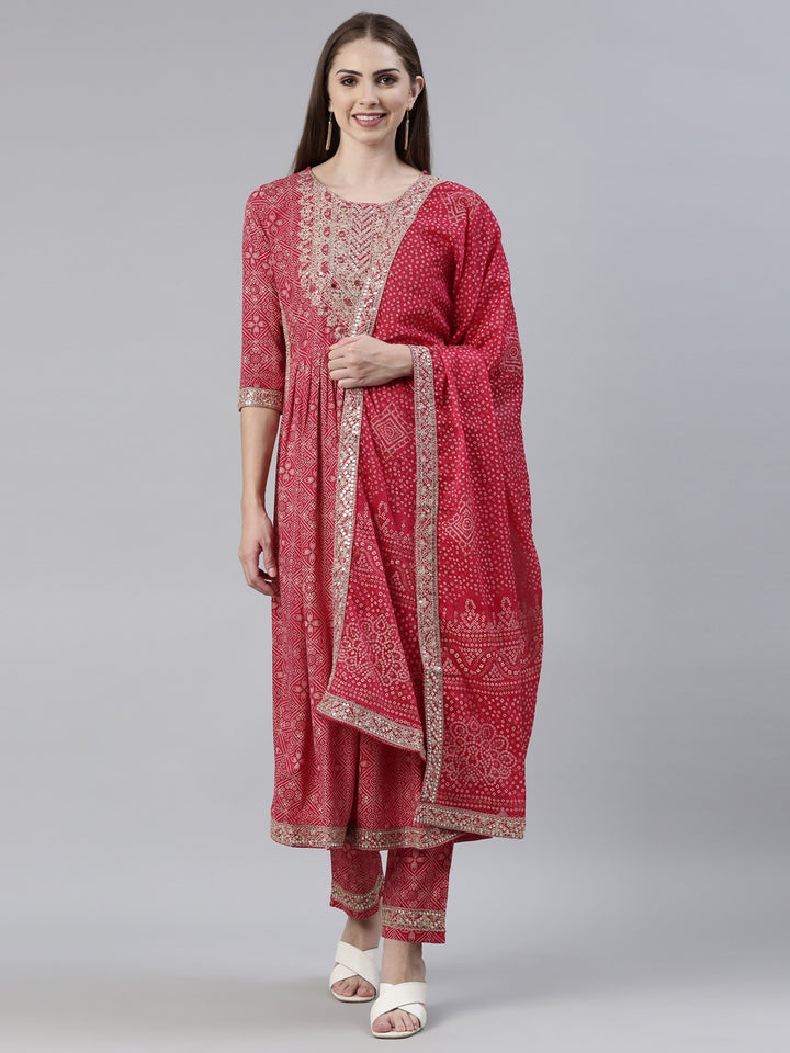 Neerus Red Regular Knee Length Printed Kurta Embroidered Trousers With Dupatta