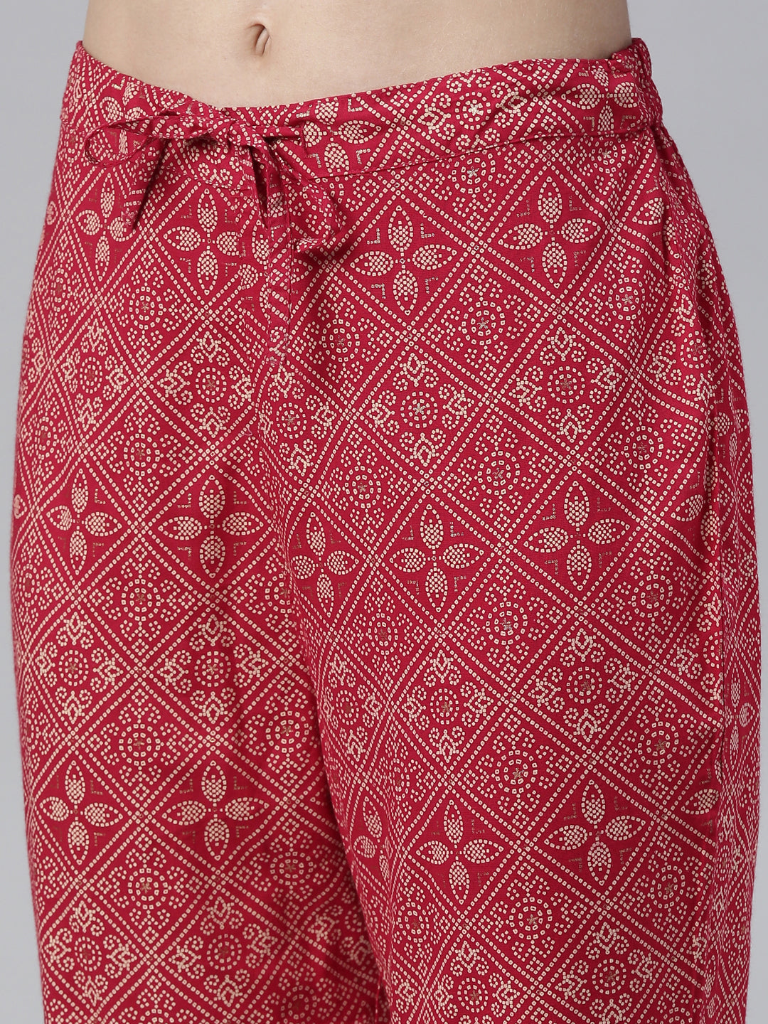 Neerus Red Regular Knee Length Printed Kurta Embroidered Trousers With Dupatta