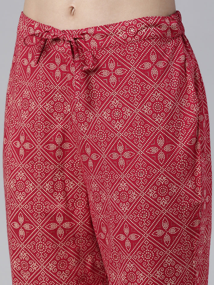 Neerus Red Regular Knee Length Printed Kurta Embroidered Trousers With Dupatta