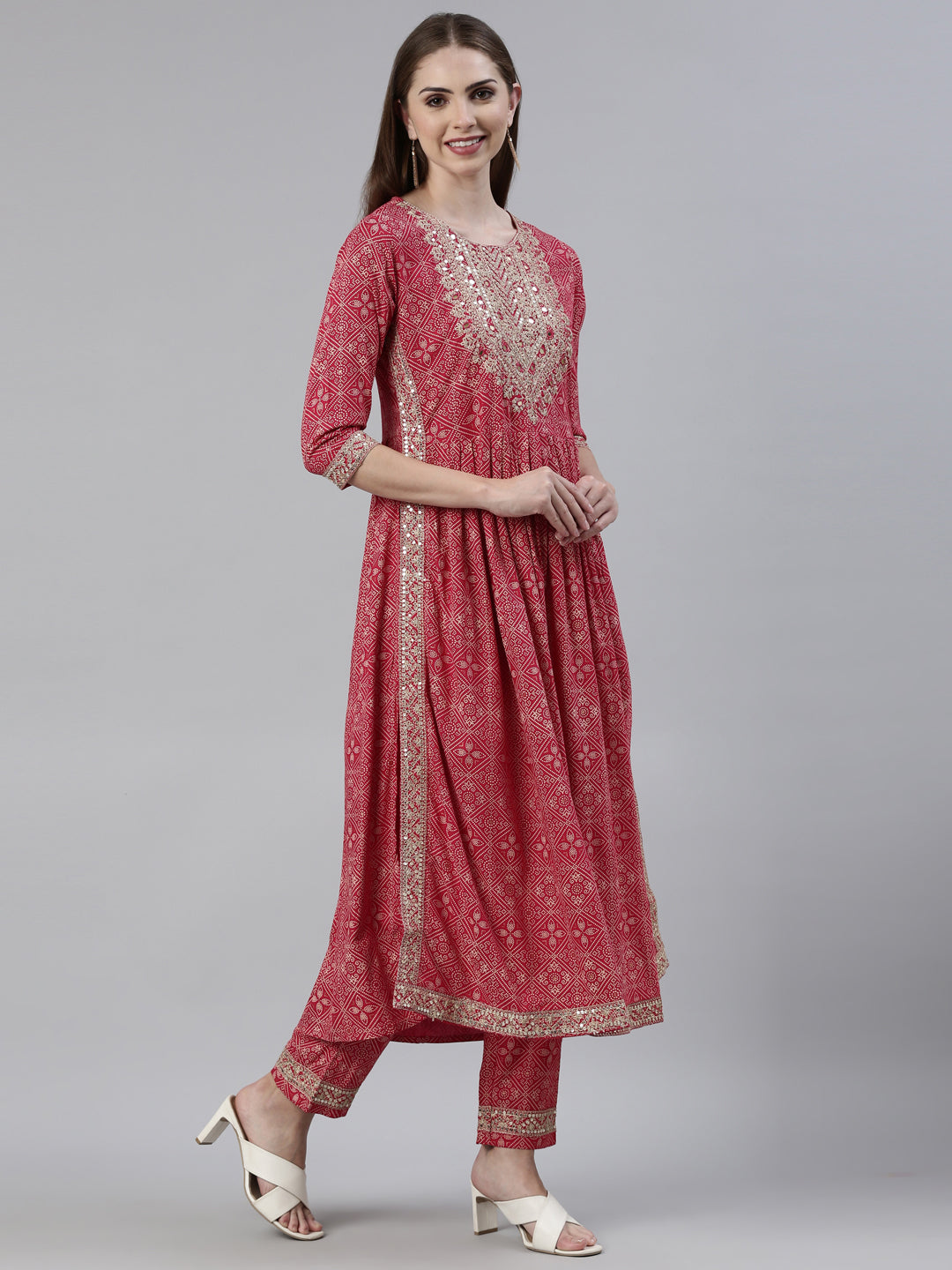 Neerus Red Regular Knee Length Printed Kurta Embroidered Trousers With Dupatta