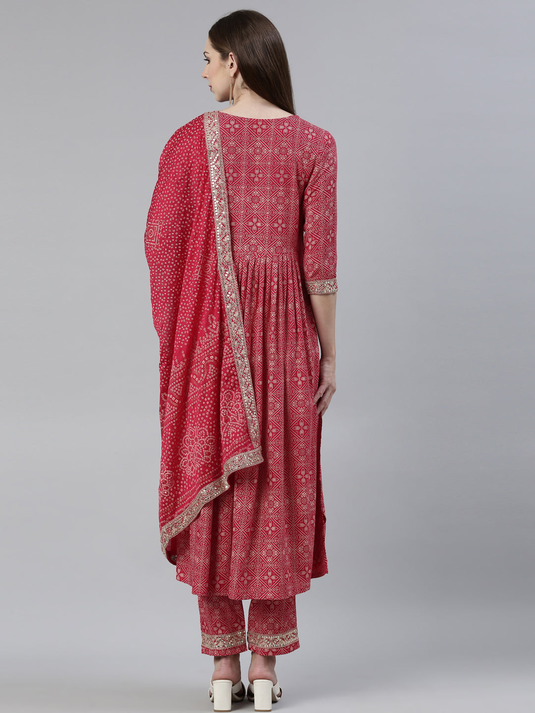 Neerus Red Regular Knee Length Printed Kurta Embroidered Trousers With Dupatta