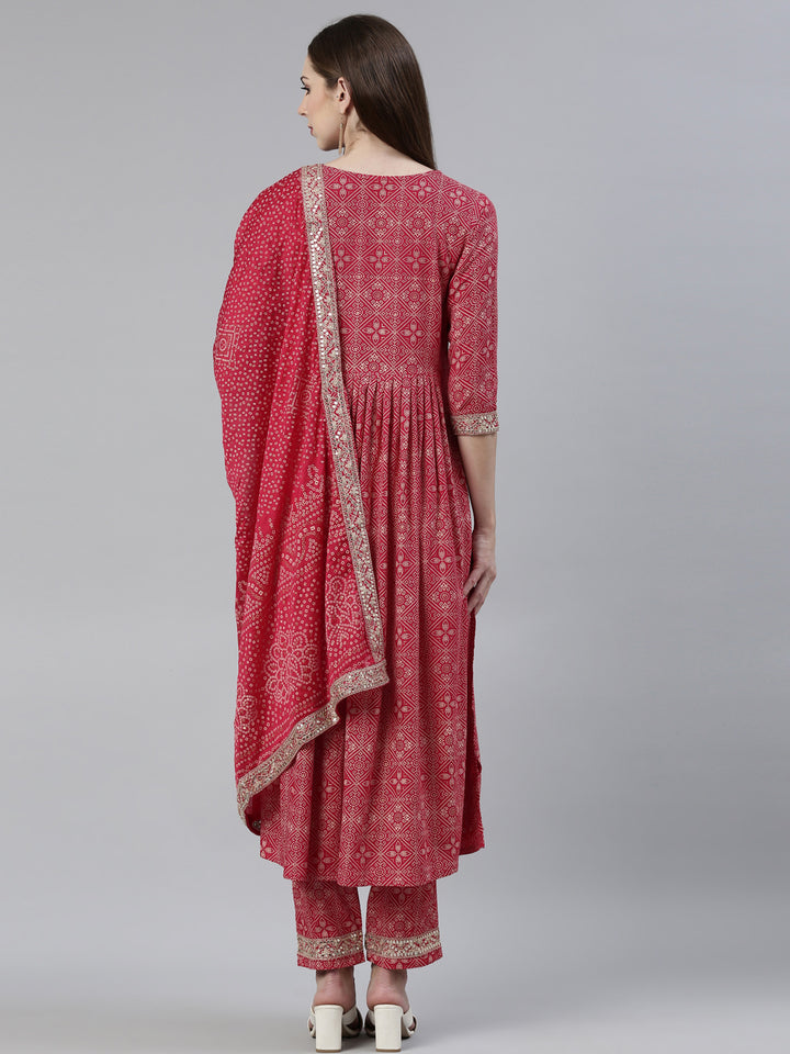 Neerus Red Regular Knee Length Printed Kurta Embroidered Trousers With Dupatta
