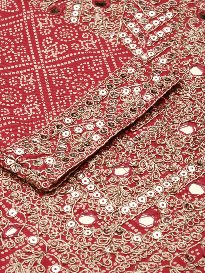 Neerus Red Regular Knee Length Printed Kurta Embroidered Trousers With Dupatta