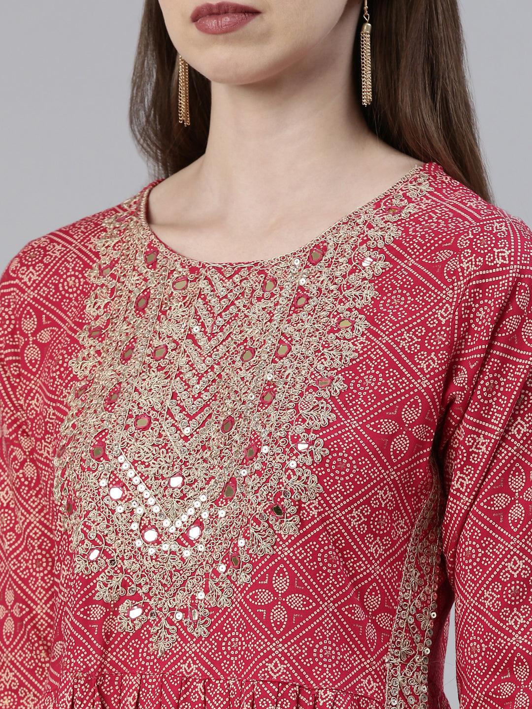 Neerus Red Regular Knee Length Printed Kurta Embroidered Trousers With Dupatta