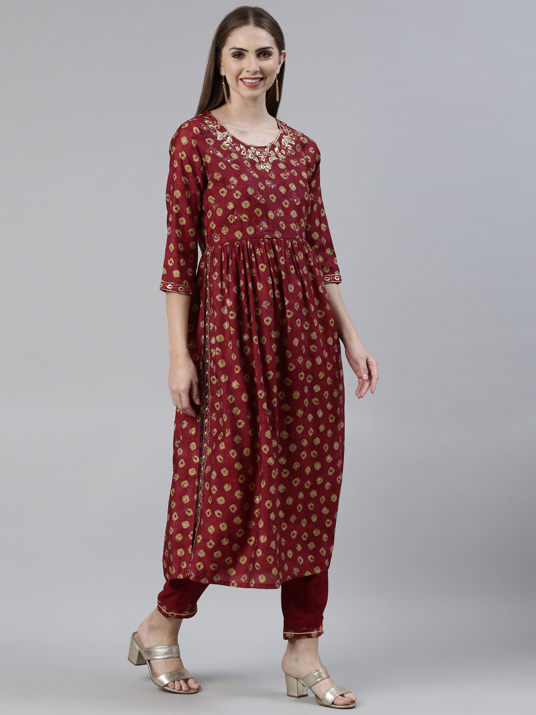 Neerus Magenta Regular Knee Length Printed Kurta Printed Trousers With Dupatta