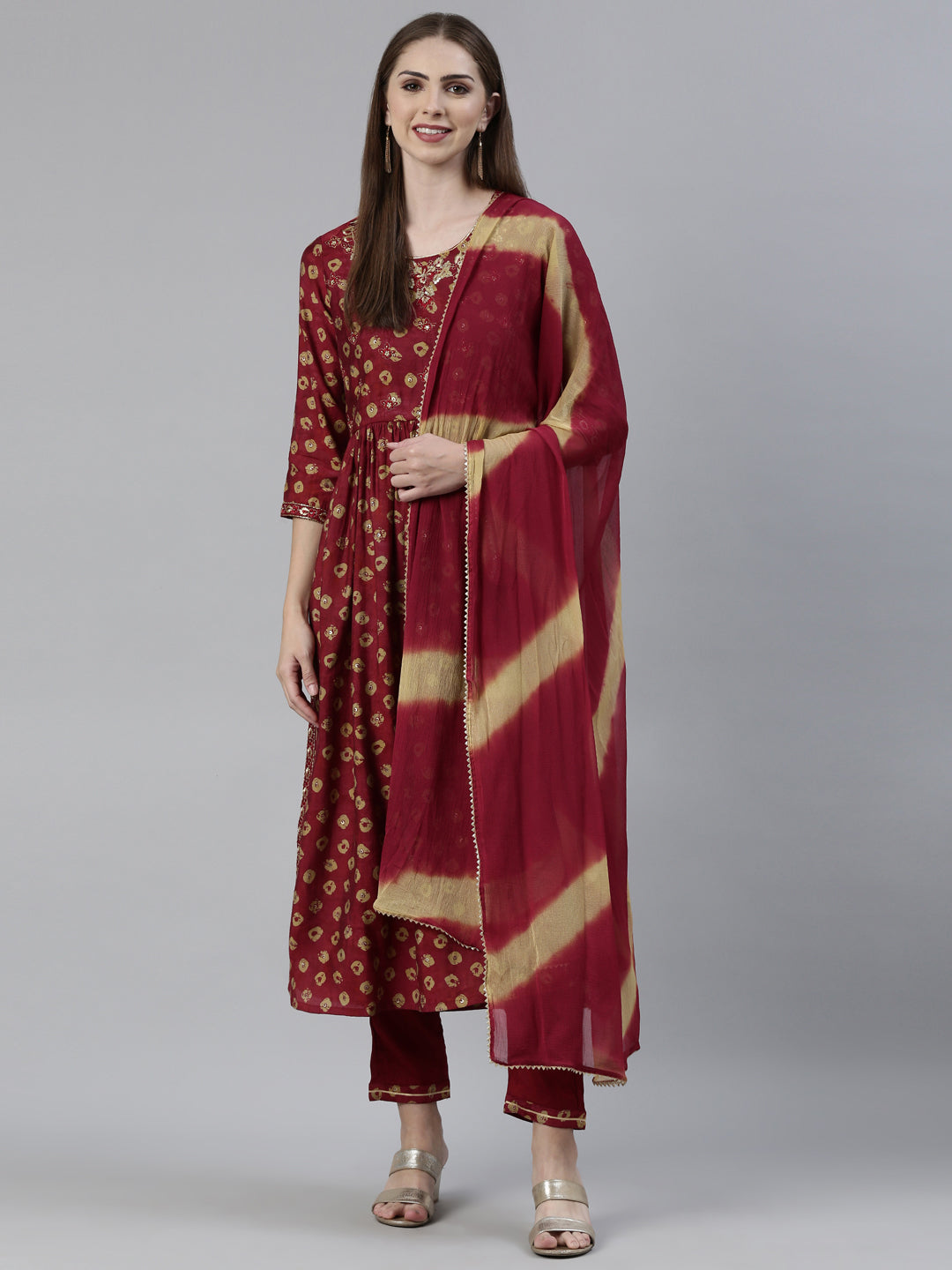 Neerus Magenta Regular Knee Length Printed Kurta Printed Trousers With Dupatta