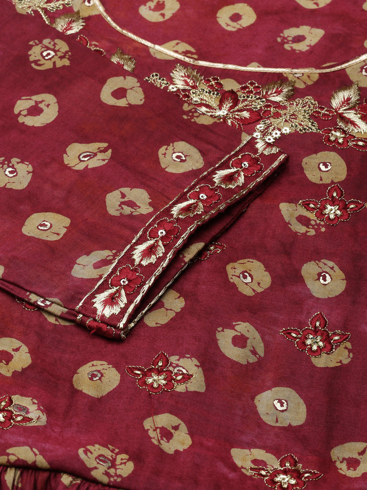 Neerus Magenta Regular Knee Length Printed Kurta Printed Trousers With Dupatta