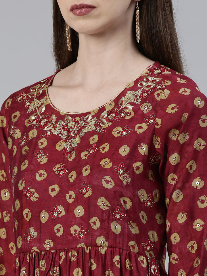 Neerus Magenta Regular Knee Length Printed Kurta Printed Trousers With Dupatta