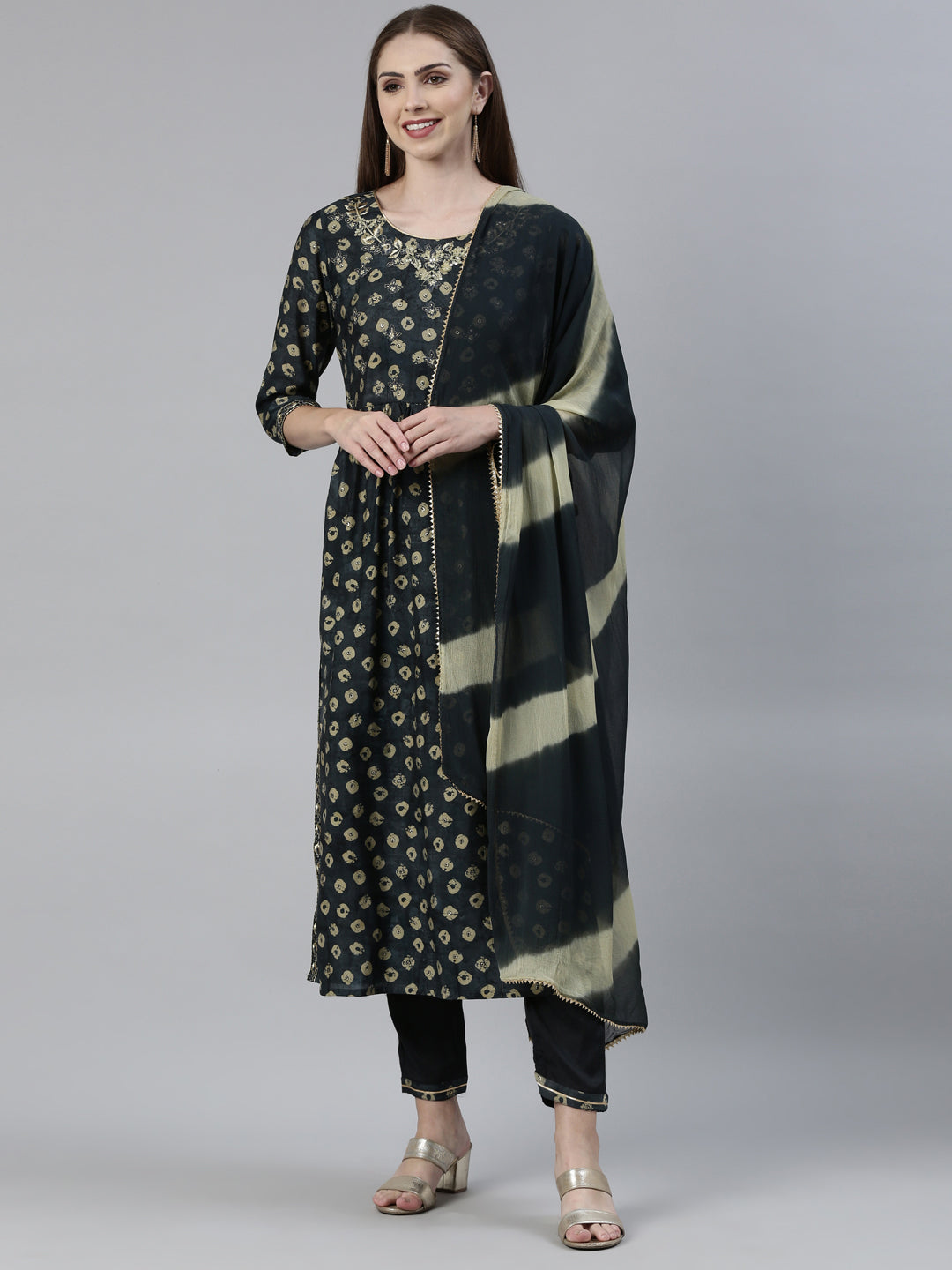 Neerus Green cotton printed kurta set with trouser and dupatta - front view