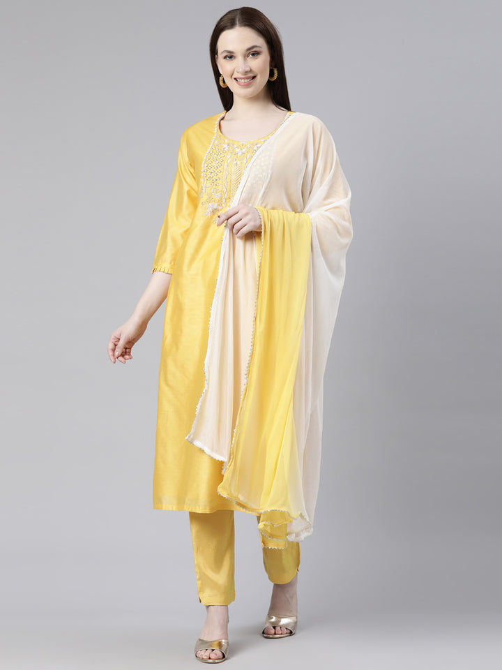 Neerus Yellow Regular Knee Length Solid Kurta Solid Trousers With Dupatta
