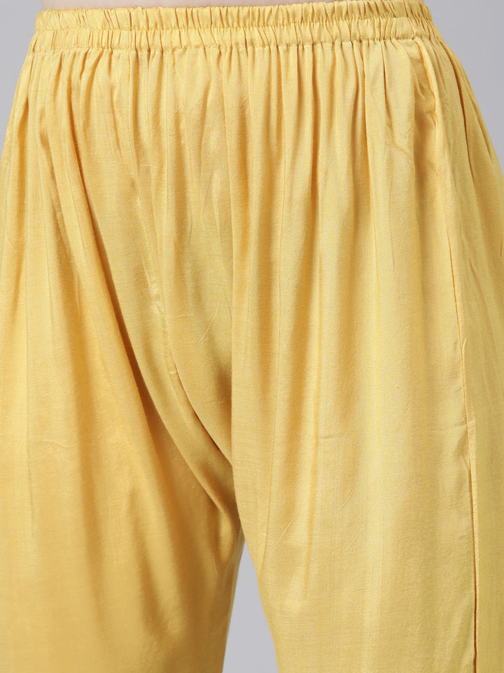 Neerus Yellow Regular Knee Length Solid Kurta Solid Trousers With Dupatta