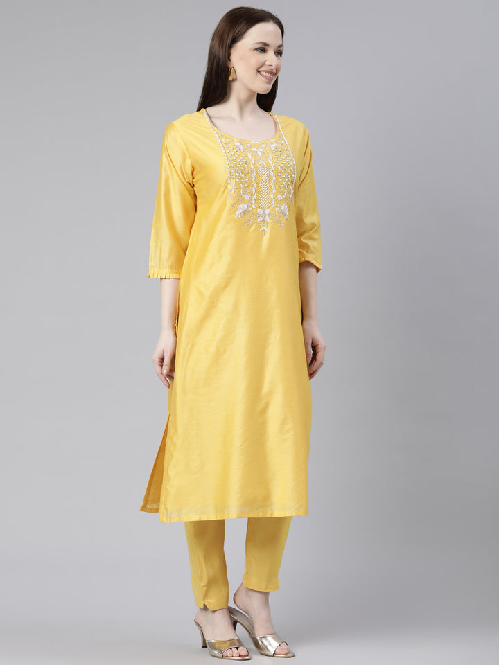 Neerus Yellow Regular Knee Length Solid Kurta Solid Trousers With Dupatta