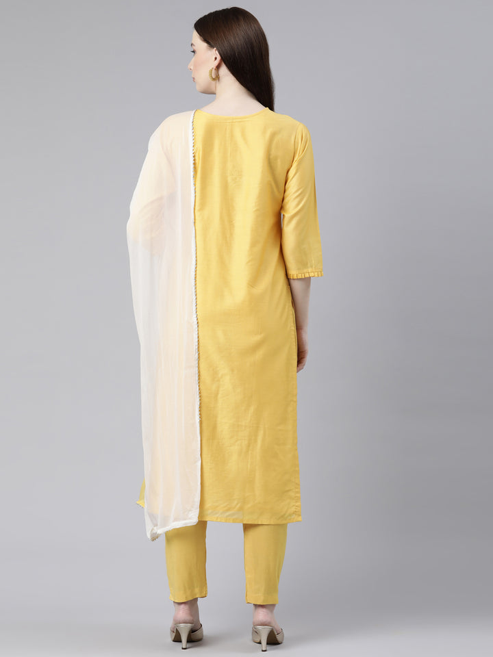 Neerus Yellow Regular Knee Length Solid Kurta Solid Trousers With Dupatta