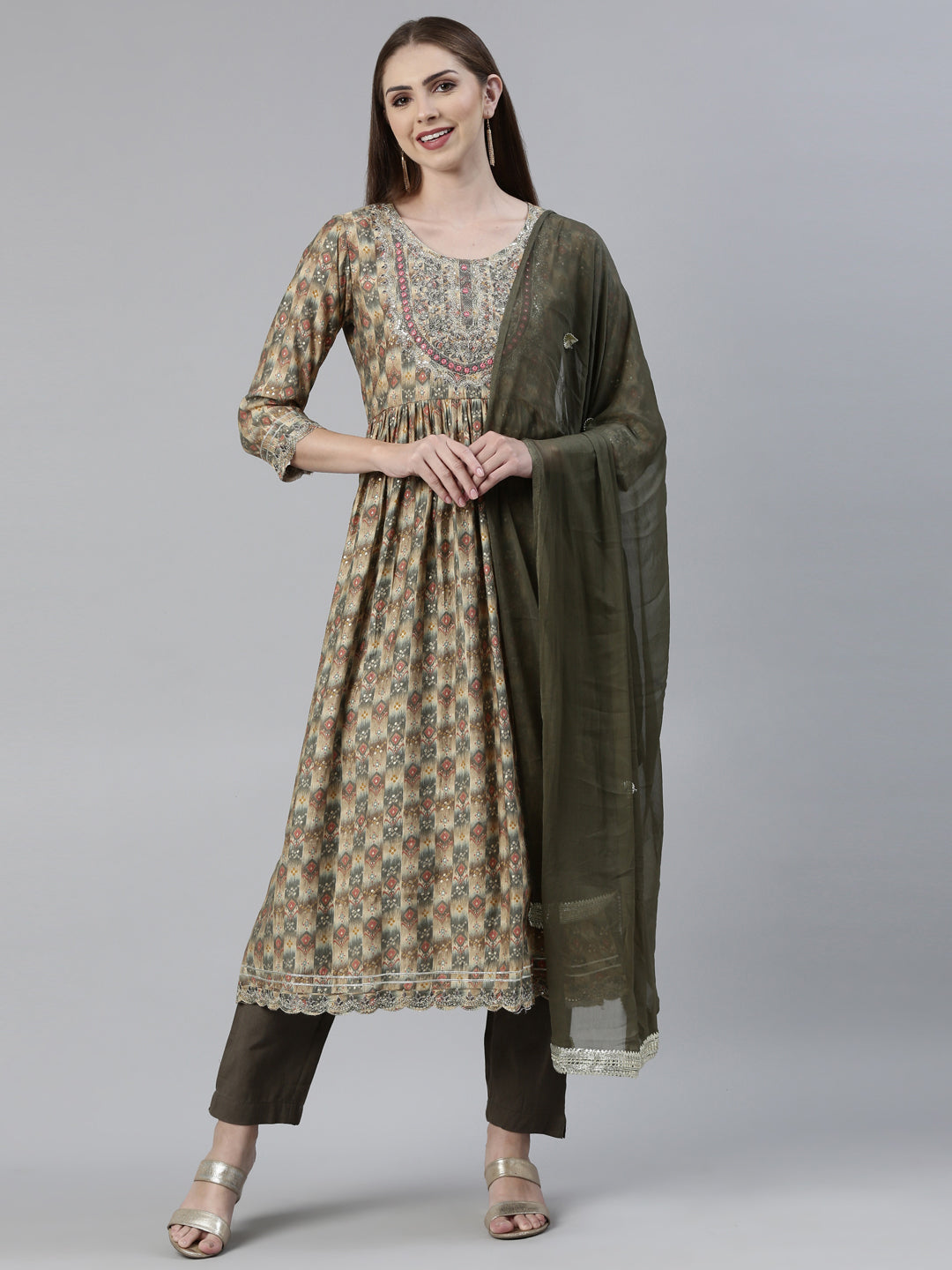 Neerus Green printed kurta set with trouser and dupatta - front view