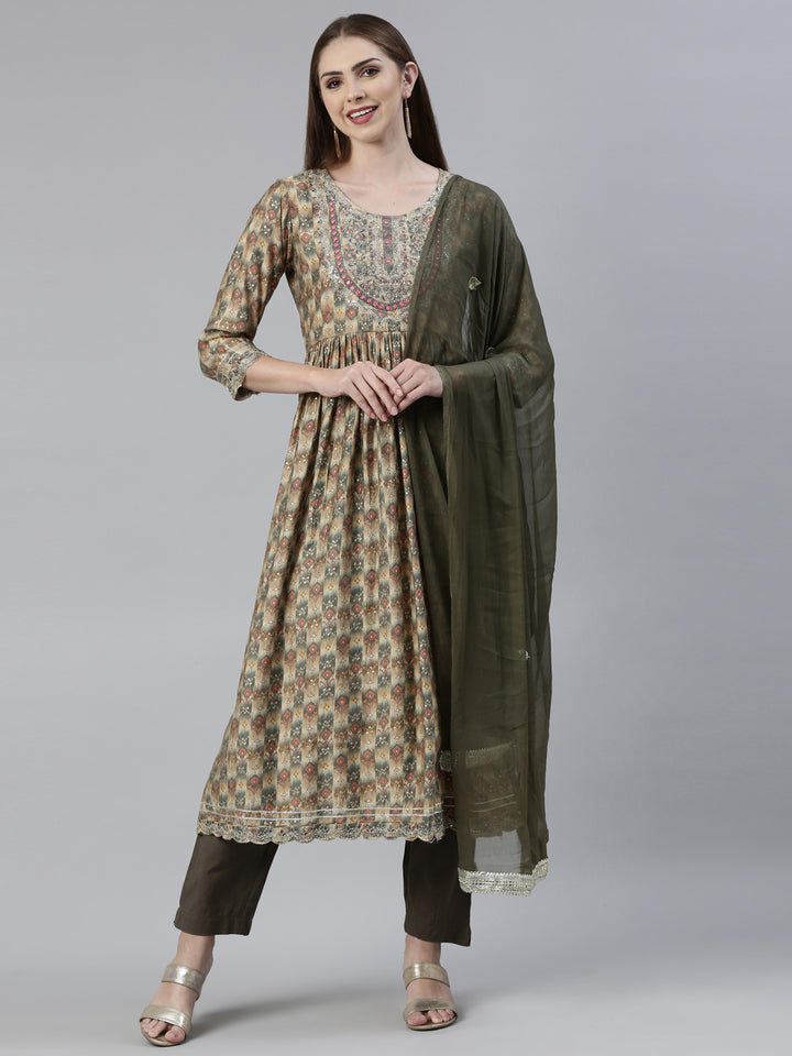 Neerus Green printed kurta set with trouser and dupatta - front view