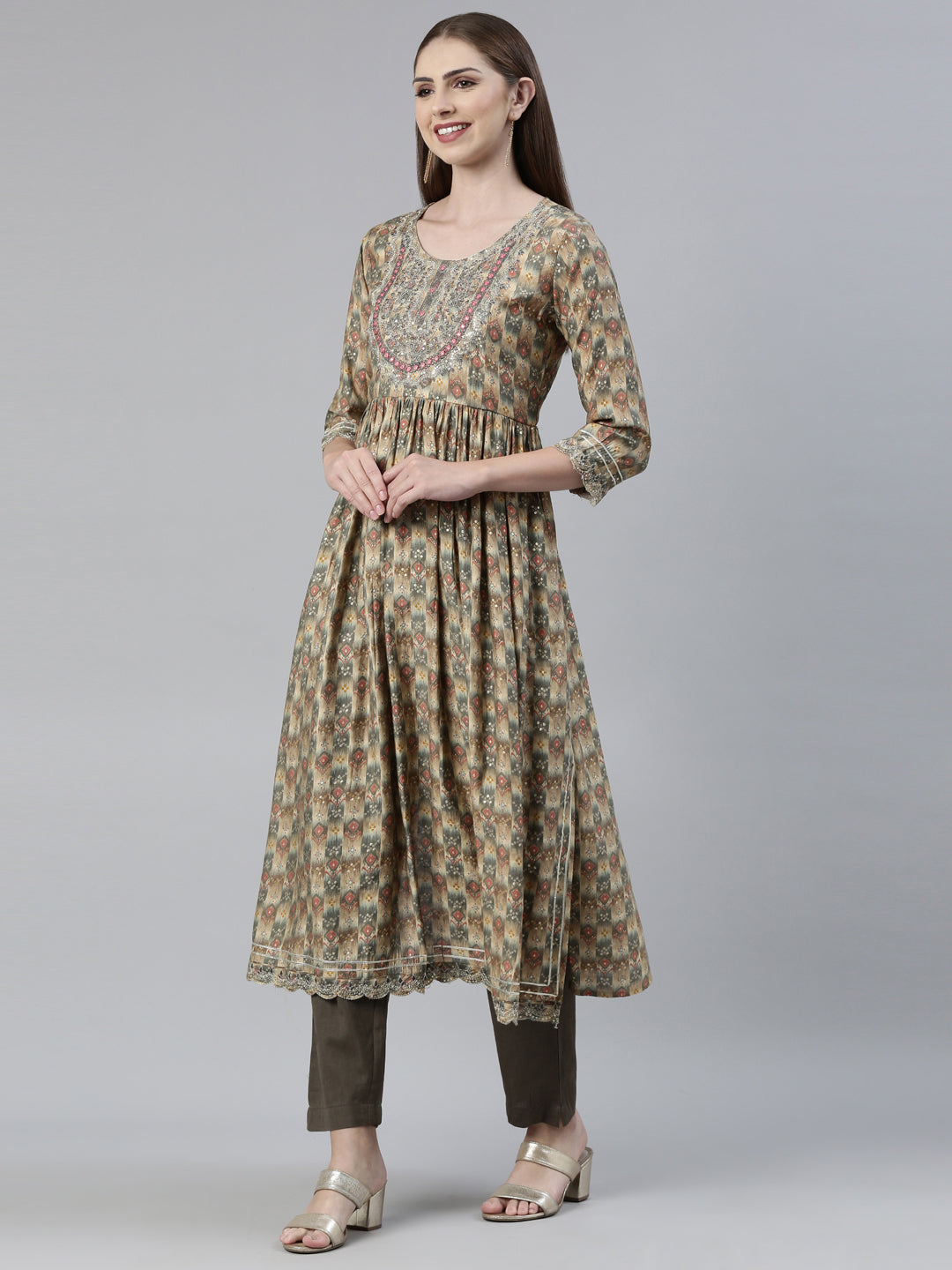 Neerus Green printed kurta set with trouser and dupatta - back view